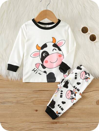 SHEIN Baby Boy/Girl Cute Cartoon Cow Print Snug Fit Long Sleeve Round Neck Pants Pajama Set, Casual & Minimalist, Suitable For Autumn/Winter Baby Farm Clothes Cow Print Baby Clothes Toddler Pajama Set