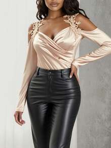 VaVaBold Women's Guipure Lace Patchwork Ruched Open-Shoulder Bodysuit Fall Cloth For Women - Apricot - View 8