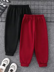 SHEIN 两件套男童休闲撞色保暖运动裤，适合秋冬季穿着 - 酒紅色 - 查看 2