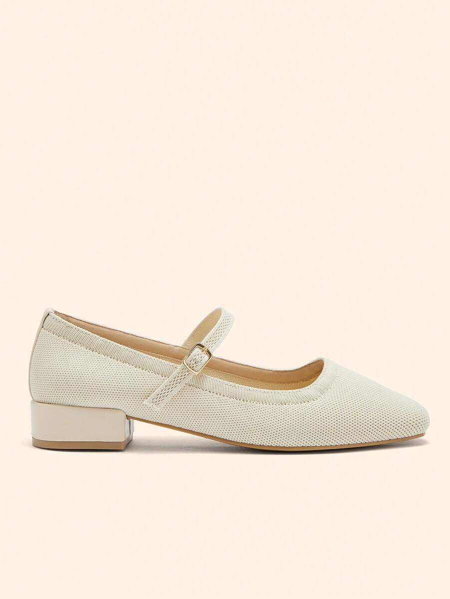 CUCCOO BASICS Femmes Chaussures plates à talons épais avec design boutonné, couleur unie, style décontracté - Beige - Voir 1