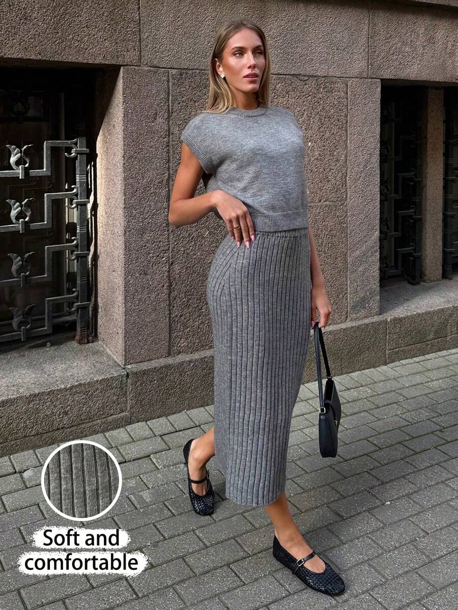 SHEIN PariChic 女士纯色针织套装，时尚高端，秋冬 - 灰色 - 查看 1