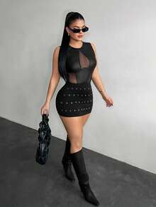 SHEIN SXY Body sexy en maille noire et patchwork de faux