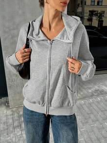 SHEIN Tall 女士前拉链长袖口袋卫衣，简约休闲毕业季、返校季穿搭，适合毕业典礼、教师节等场合，灰色拉链毛衣外套，短款拉链外套，短款拉链卫衣 - 灰色 - 查看 5