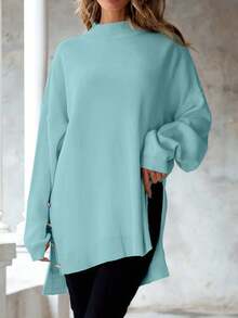 SHEIN Cottnline Suéter Con Abertura Lateral Y Detalle De Botones De Talla Grande - Azul Cadete - Ver 3