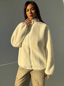 Aloruh Women's Zipper Regular Sherpa Patchwork Pocket Casual Windbreaker Jacket, Autumn/Winter - White - View 6