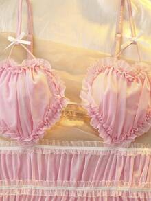 DelicateAllure Váy ngủ hai dây viền bèo nhún nơ thời trang gợi cảm cho nữ - Màu Hồng baby - Xem 10