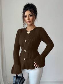 SHEIN Elenzya 女士优雅金属扣袖口荷叶边下摆长袖毛衣，秋冬款 - 棕色 - 查看 7