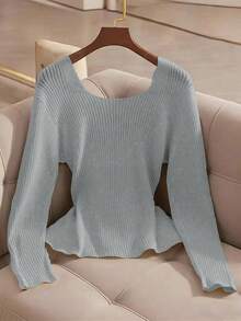 Franclia New Elegant V-Neck Design Solid Color Pullover Sweater For Women, Versatile For Autumn - Light Grey - View 2