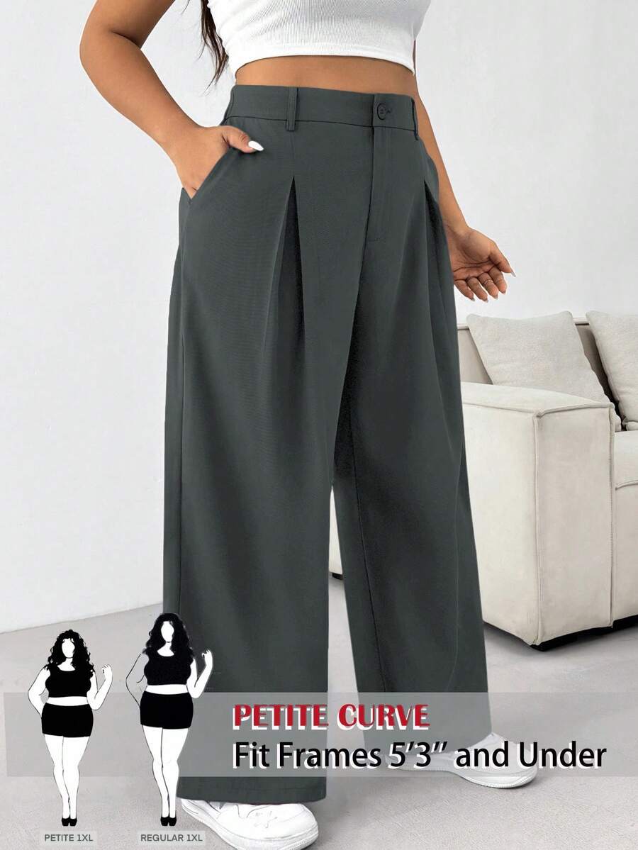 SHEIN PETITE CURVE Quần ống rộng cài nút màu trơn cỡ lớn cho mùa thu/đông - Màu xám đen - Xem 1