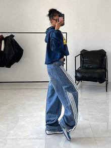 StreetHx 女士条纹口袋阔腿宽松休闲牛仔裤