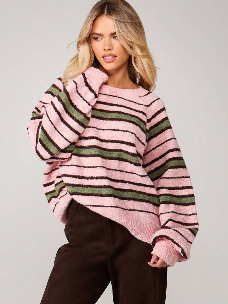 MISSGUIDED Fluffy Knitted Striped Sweater With Long Sleeves For Fall Winter Casual Wear