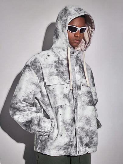 Men's Tie-Dye Long Sleeve Zip Front Hooded Jacket With Pockets, Winter