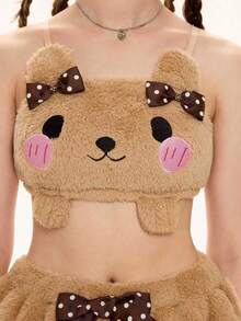 ROMWE Kawaii 女士可爱卡通刺绣3D耳朵装饰露脐吊带背心和短裤毛绒两件套 - 棕色 - 查看 3