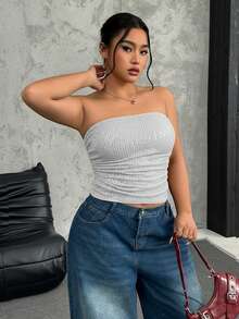 SHEIN EZwear 大码银色亮片褶皱抹胸上衣，女士加垫抹胸上衣，灰色抹胸上衣，性感秋冬、圣诞节、新年、感恩节、派对、婚礼、海滩、毕业典礼、时尚、优雅、休闲、外出、约会、预约、通勤 - 銀色 - 查看 9