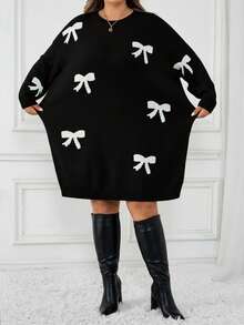 SHEIN CURVE+ 女士蝴蝶结图案圆领落肩长袖休闲毛衣连衣裙，秋冬蝴蝶结连衣裙/套头衫连衣裙/带蝴蝶结连衣裙/秋冬 - 黑色 - 查看 3