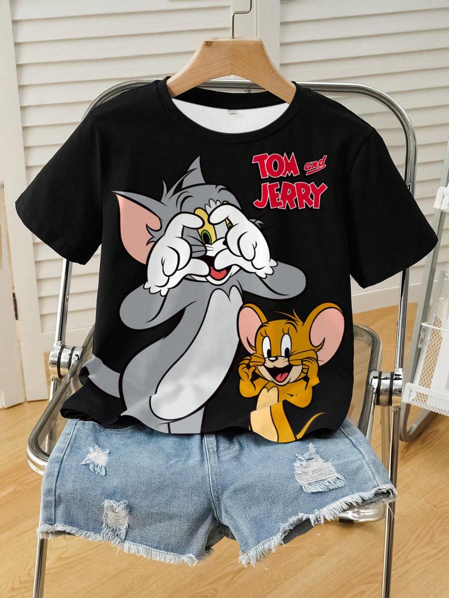 TOM & JERRY X SHEIN Tween Girl Casual Letter & Cartoon Graphic Round Neck Short Sleeve T-Shirt, Summer - White - View 1