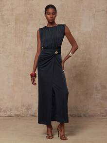 Lumalex VITNOS 新款高端优雅灰色针织无袖褶皱修身腰部金属扣装饰不对称连衣裙，女士服装，适合音乐会、约会、婚礼、派对、生日、情人节、节日、假期等特殊场合，优雅派对礼服，春季女装，正式礼服，魅力优雅连衣裙，新款女装，奢华连衣裙，舞会聚会宴会，低调奢华的节日派对狂欢节外出度假热门户外丰富层次婚礼季宴会圣诞节新年派对造型 - 深灰色 - 查看 2