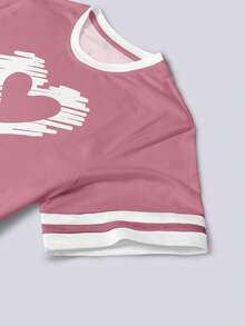 SHEIN 女士粉色爱心图案“Be Kind”印花宽松休闲撞色条纹圆领T恤上衣，情人节礼物 - 彩色 - 查看 3