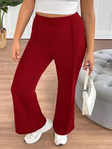 SHEIN Tall CURVE 大码女士简约日常喇叭裤套装 - 酒紅色 - 查看 3