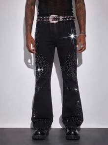 ROMWE MEN Street Life Men's Pocket Rhinestone Embellished Casual Flare Leg Jeans - Black - View 5