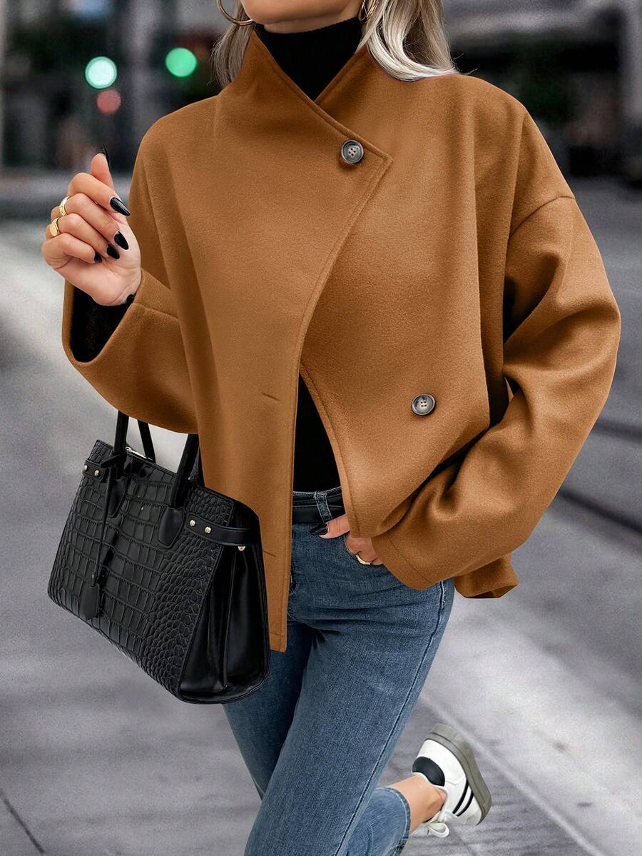 SHEIN Clasi Jaket Wanita Lengan Panjang Kerah Tegak Warna Polos dengan Kancing Depan, Modis untuk Musim Gugur/Dingin - Khaki - View 1