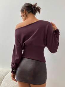 Aloruh Women's Chic Dark Purple Asymmetrical Exposed Shoulder Long Sleeve Tight Ribbed Sweater,Autumn Winter Clothes,Night Out Fall Clothes For Women - Purple - View 2
