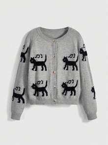 ROMWE Kawaii 黑猫与音符提花针织开衫 - 灰色 - 查看 1