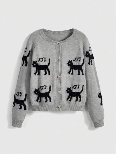 Kawaii Cárdigan de punto jacquard con gato negro y nota musical
