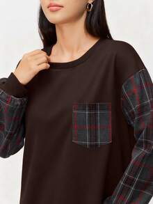 Modelyn Women's Plaid Patchwork Round Neck Drop Shoulder Long Sleeve Casual Sweatshirt Dress - Coffee Brown - View 8