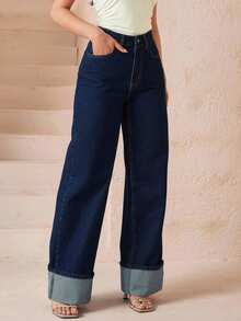 EURMUSE Plus Size Women High Waist Pockets Wide Leg Loose Casual Jeans - Dark Wash - View 5