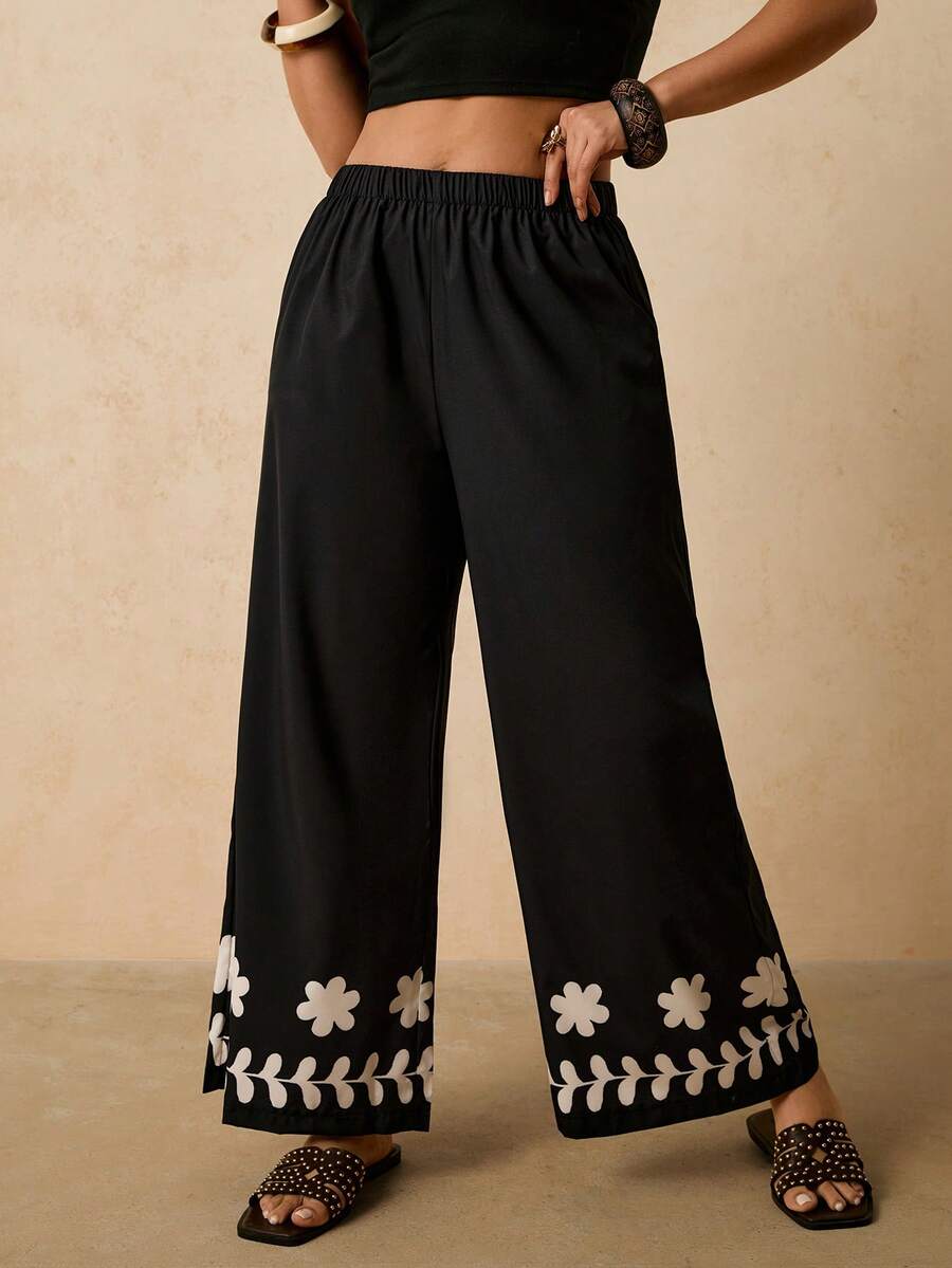Freevana Plus Size Women Elastic Waist Floral Print Wide Leg Loose Casual Pants Vacation Outfits Women Tropical Vacation Outfits Beach Fashion Plus Size Resort Wear Bohemian Bohostyle Boho Fits  Black Pant - Black - View 1
