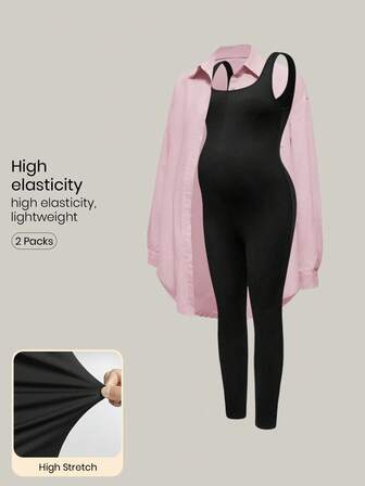Modmama 2pcs Maternity Solid Color Sleeveless Jumpsuit Set Pregnant Outfits Maternity Jumpsuit Pink Maternity Shirt Pregnancy Outfit Maternity Outfits