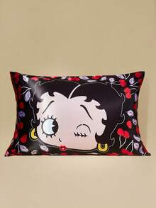 Betty Boop x SHEIN 2pcs Pillowcase Set, Taffeta Fabric, Comfortable & Cooling, Cherry & Cartoon Figure Graphic Black Pillow Cover, Smooth & Wrinkle-Resistant, Gentle On Hair & Skin, Cherry Pattern,Gift Ideas,Party,Holiday,Valentine's Day
