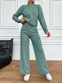 EURMUSE Zweiteiler für kleine Frauen bestehend aus Pullover mit Reißverschluss und Sweathose - Minzgrün - Übersicht 1