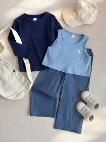 PrepCrw 三件套少女优雅都市学院风藏蓝色长袖针织上衣、蓝色背心和裤子套装，适合休闲外出、聚会、节日、派对、秋冬季穿着。 - 藍色 - 查看 2