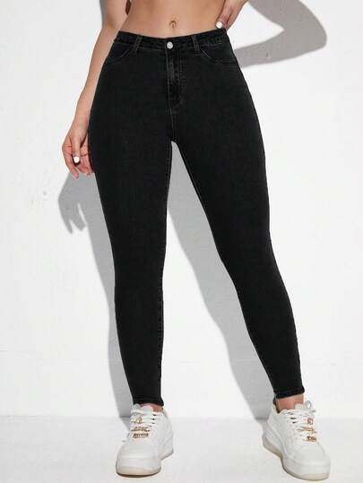 Jeanoix Plus Size Solid Color Minimalist Casual Skinny Black Jeans