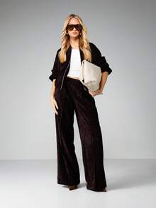 MISSGUIDED 灯芯绒质感阔腿高腰阔腿裤，适合秋冬季居家休闲穿着，舒适百搭。 - 棕色 - 查看 3