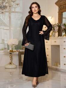 Modelyn Women's Elegant Vintage French Romantic Ruffled Hem Mermaid Hem Long Sleeve Plus Size Dress, Autumn/Winter - Black - View 5
