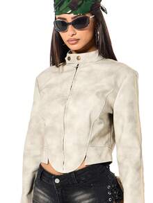 SUMWON WOMEN Cropped Corset Biker Jacket With Stand Collar And Front Zip Closure For Fall Winter Style - Black - View 5