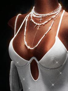 Amplova 无袖钢圈镂空露背交叉绑带性感派对紧身中长连衣裙 - Pearl White - 查看 5