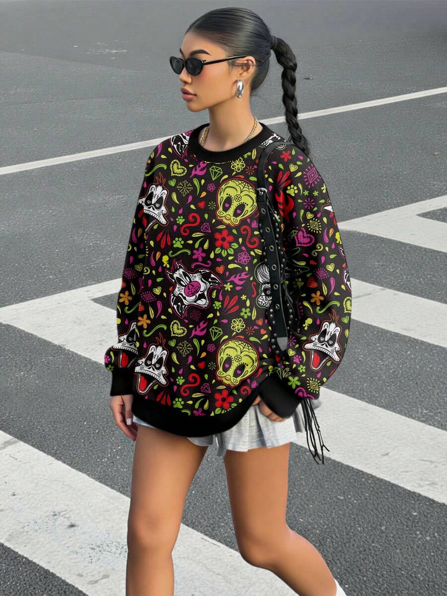 LOONEY TUNES X SHEIN Áo nỉ cổ tròn in hình cây và hoạt hình Ngày của người chết, thời trang thường ngày cỡ lớn dành cho nữ, mùa xuân/thu - trắng - Xem 1