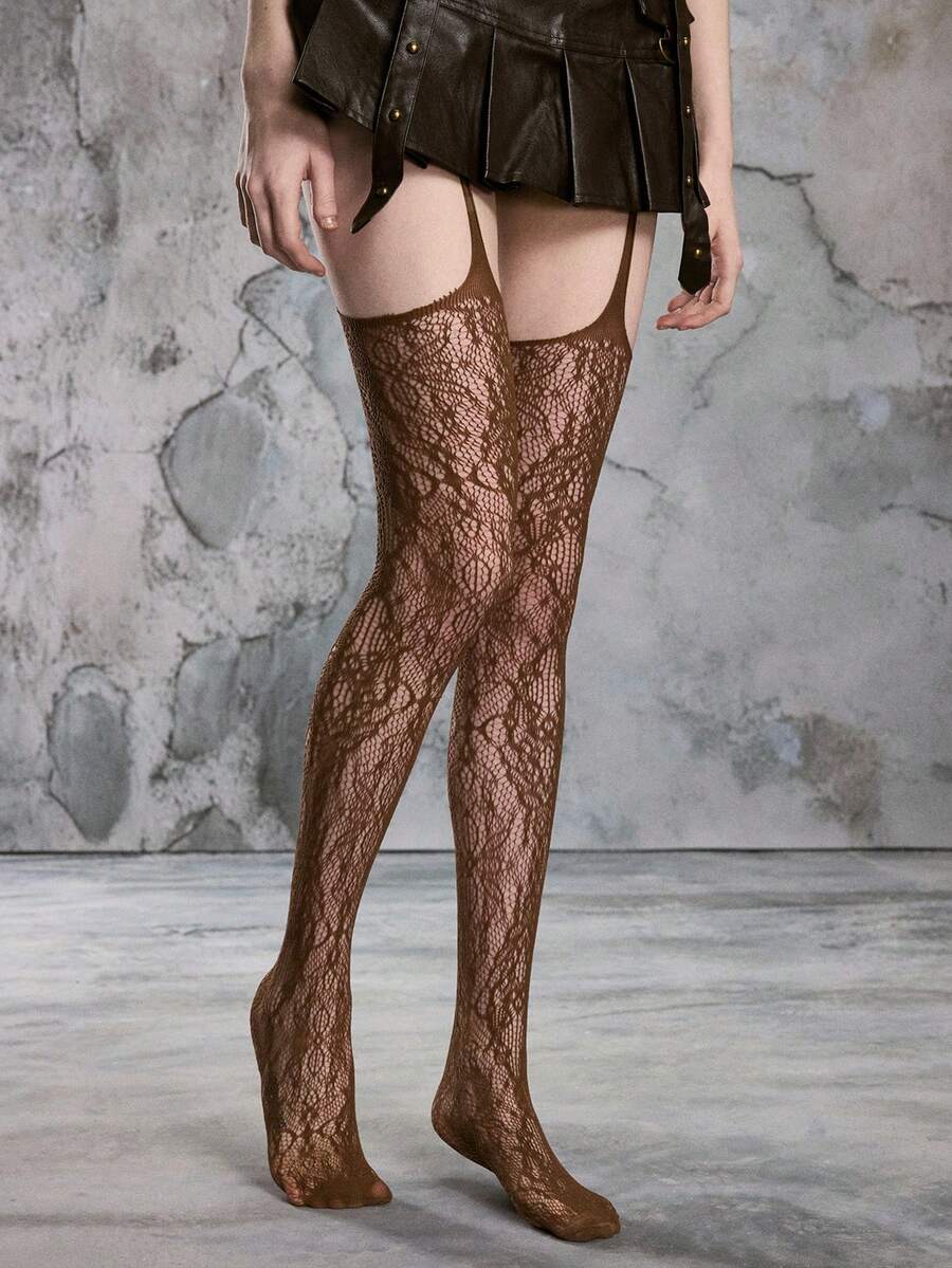 ROMWE Fairycore 1 đôi tất lưới jacquard màu trơn kiểu dáng gợi cảm, tất ren nâu cổ điển có dây đeo, quần tất mỏng co giãn họa tiết hoa gợi cảm. - màu nâu - Xem 1