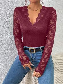 SHEIN Frenchy Bộ đồ liền thân ren tay dài màu trơn thanh lịch - Màu Đỏ Sâu - Xem 6