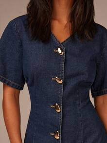 Athîral Women's V-Neck Single-Breasted Short-Sleeved Casual Denim Mini Dress, Featuring Metal Button Design, Retro Style, Slimming Waist,Autumn And Winter Outfits,New Year Dress - Blue - View 6