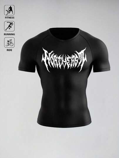 Acti Log Camiseta deportiva de cuello redondo negra para hombres con diseño de letras, ideal para correr, camiseta ajustada de gimnasio, camiseta de compresión, camiseta de compresión para hombres, camiseta de compresión con gráficos