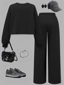 Sparklyn 舒适少女时尚趣味简约数字字母印花保暖套装，圆领短款卫衣搭配直筒/阔腿裤 - 黑色 - 查看 2