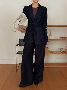 DAZY Women's Cinched Waist Waist Blazer Jacket And Straight Leg Casual Jeans Pants 2 Pieces Set - Dark Wash - View 4