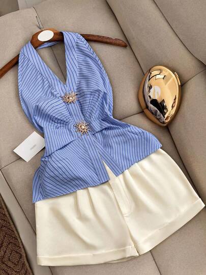 INAWLY Plus Size Women Elegant Striped Metal Decor Backless Halter Top And Shorts 2 Pieces Set