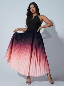 Viva Relle Plus Size Women Elegant Ombre Halter Neck Pleated Dress - Black - View 4