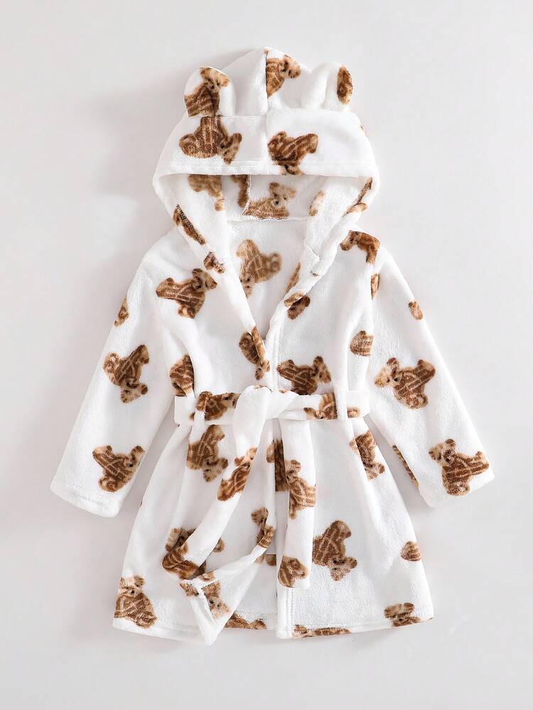 Hooded Bathrobe With Bear Print